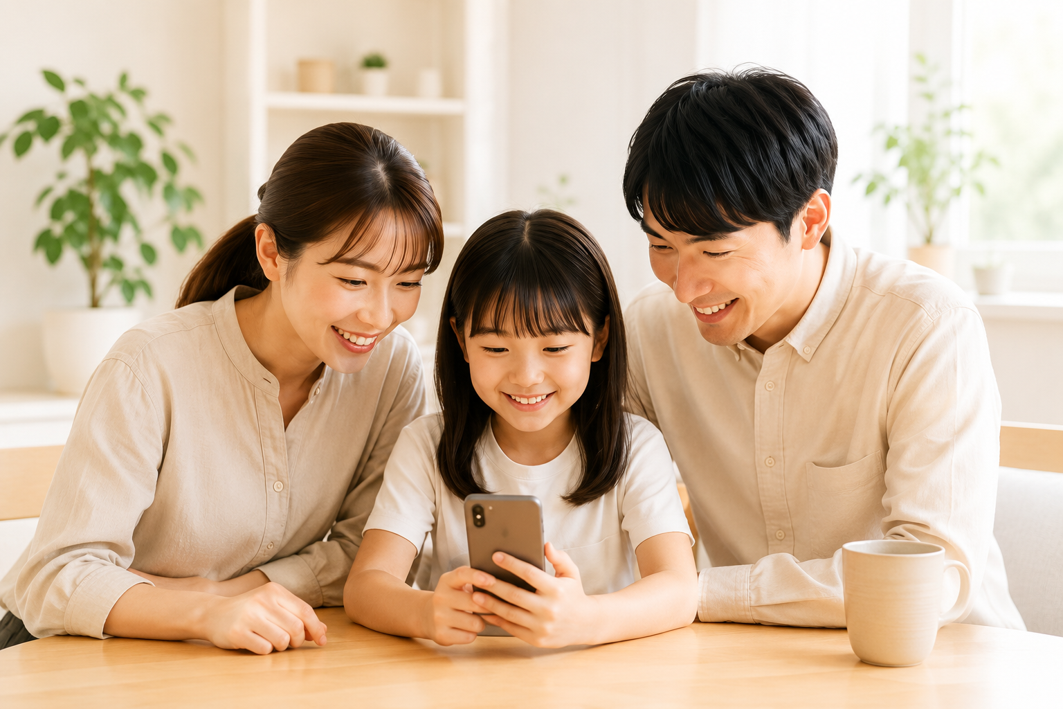 スマートフォンを囲んで笑顔で過ごす家族