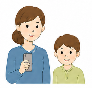 スマートフォンを持つ母親と子どものイラスト