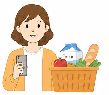 スマートフォンを持つ女性と食材の入った買い物かごのイラスト